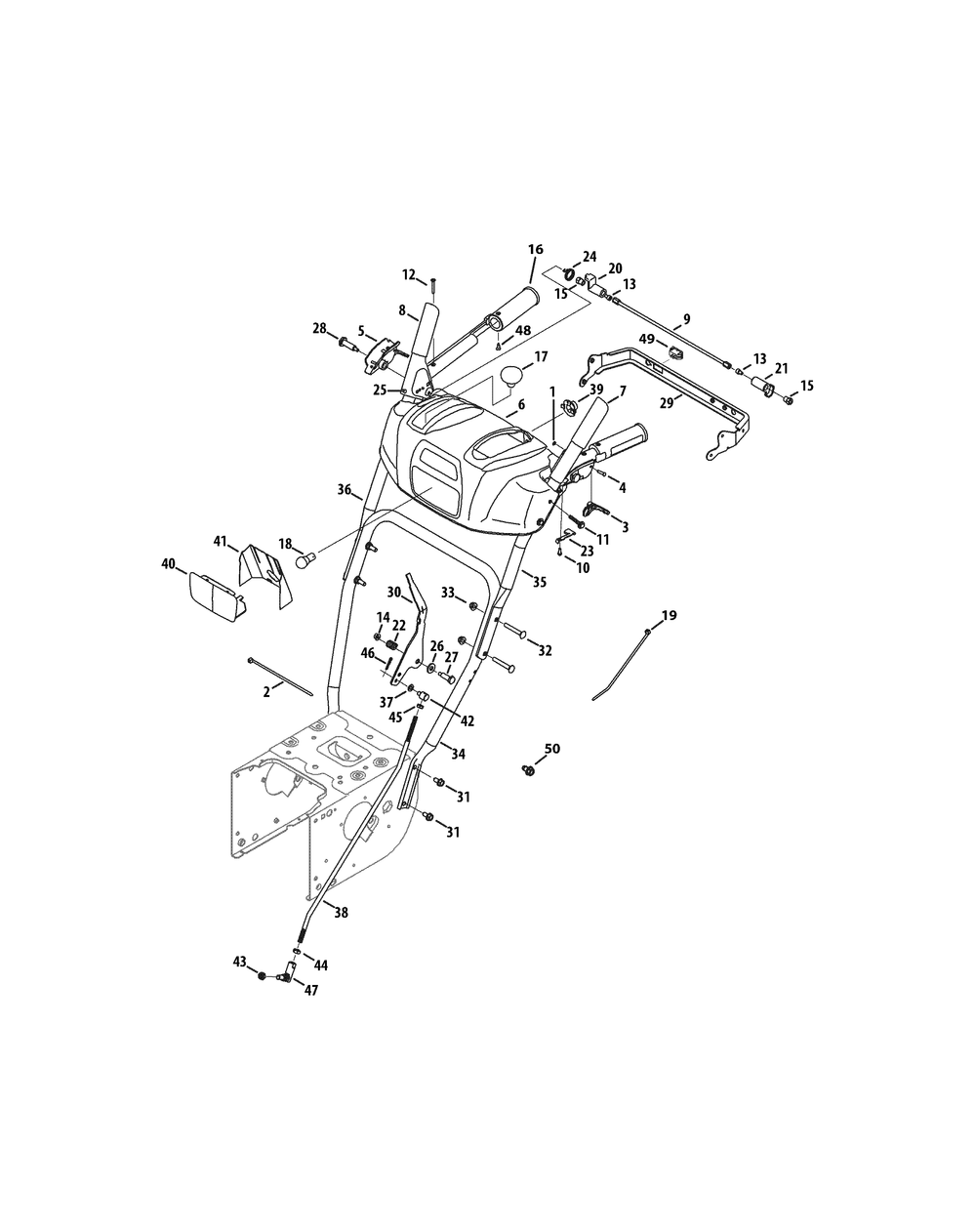 Handle And Frame Diagram and Parts List for 3X30-INCHHD31AH57SW (31AH57SW710)(2015) Cub Cadet Snow Blower